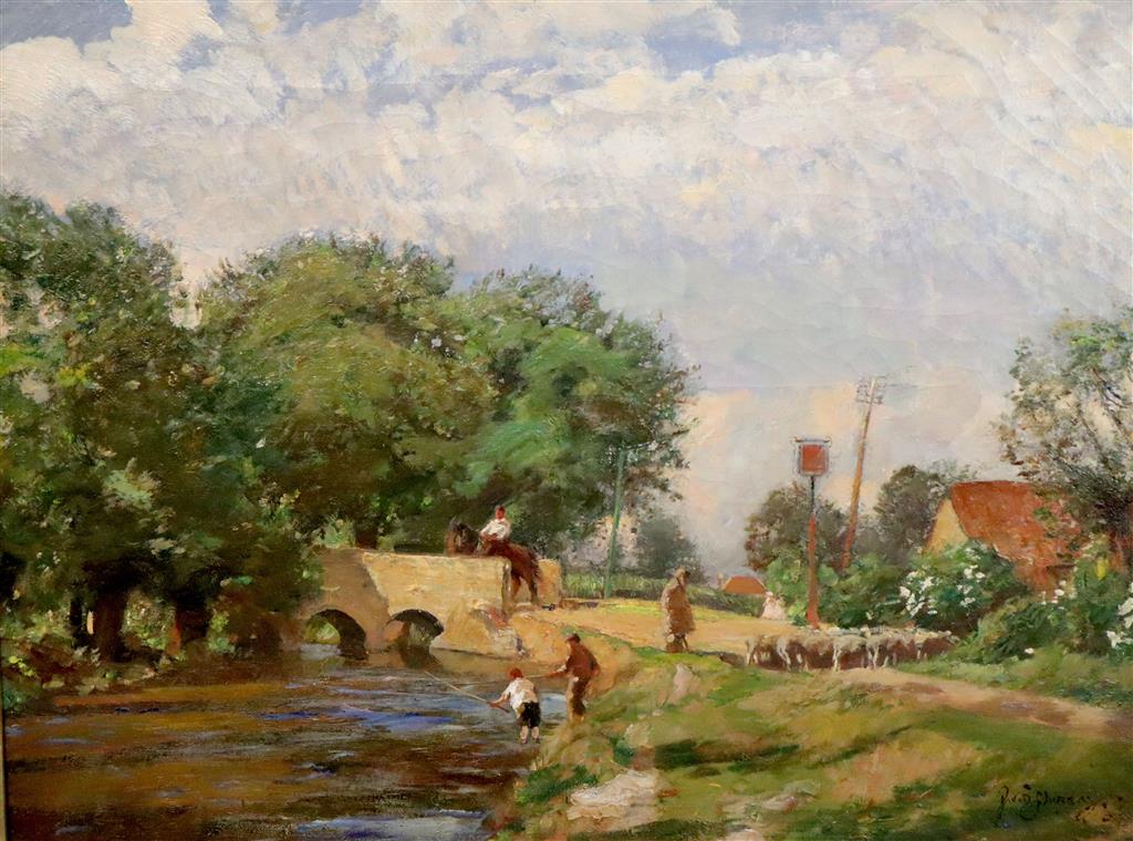 Sir David Murray RA (1849-1933), oil on canvas, River scene with a stone bridge
